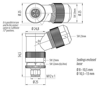 Dibujo a escala M12 Conector macho en ángulo, Número de contactos: 4+PE, 8,0-13,0 mm, sin blindaje, tornillo extraíble, IP67, UL 2237 en preparación, con conexión de PE