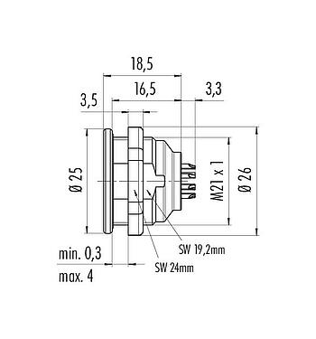 Dessin coté Push Pull Embase mâle, Contacts: 14, blindable, souder, IP67, M21x1,0, Montage frontal