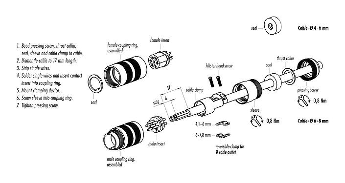 Assembly instructions 99 5172 60 08 - M16 Female cable connector, Contacts: 8 (08-a), 4.1-7.8 mm, shieldable, solder, IP67, UL, Short version