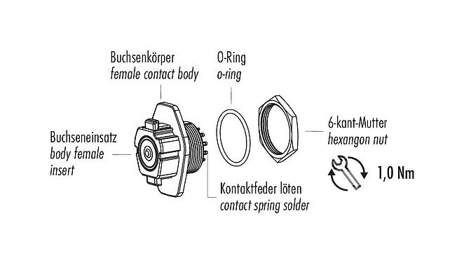 Component part drawing 09 1724 100 12 - Snap-In Female panel mount connector, Contacts: 12, unshielded, solder, IP54