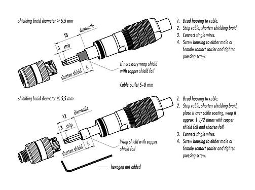 Instructions de montage M8 Connecteur femelle, Contacts: 4, 5,0-8,0 mm, blindable, pince à visser, IP67, M8x1,0, ressort à iris