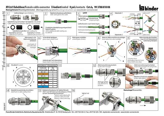 Instructions de montage M12 Connecteur femelle, Contacts: 8, 5,5-9,0 mm, blindable, IDC, IP67