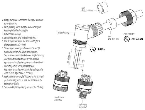 Instrucción de montaje M12 Conector hembra en ángulo, Número de contactos: 4+PE, 8,0-13,0 mm, sin blindaje, tornillo extraíble, IP67, UL 2237 en preparación, con conexión de PE