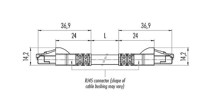 Scale drawing RJ45/RJ45 Connecting cable 2 RJ45 connector, Contacts: 4, shielded, Piercing technology, IP20, Ethernet CAT5e, TPE, teal, 2 x 2 x AWG 24, 1 m