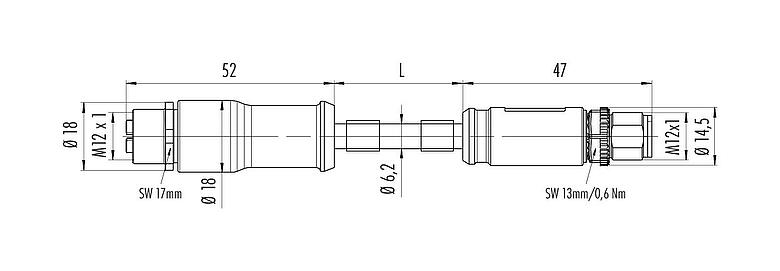 Dessin coté M12 Câble de raccordement connecteur mâle - connecteur femelle, Contacts: 8, blindé, surmoulé sur le câble, IP67, UL, PUR, vert, AWG 26/7, 5 m