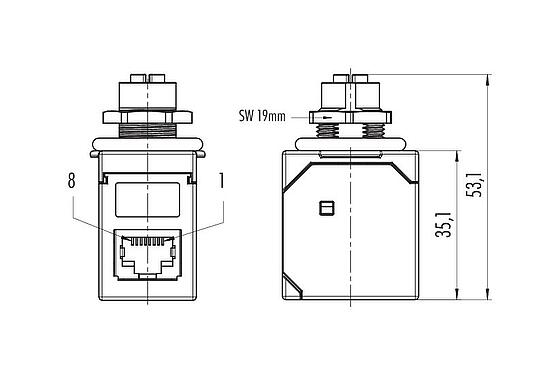 Dessin coté M12 Traversée de panneau, femelle - RJ45 coudée, Contacts: 8, blindé, enfichable, IP67, UL, Montage mural arrière