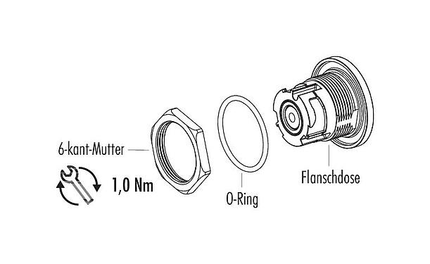 Component part drawing 09 0774 580 08 - Bayonet Female panel mount connector, Contacts: 8, unshielded, solder, IP67 when unplugged as well, front fastened