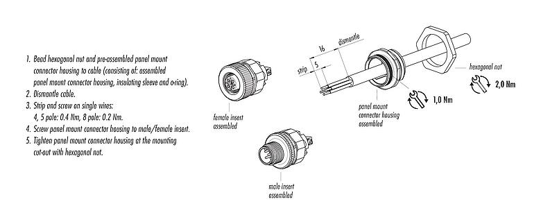 Assembly instructions 86 0432 0003 00004 - M12 Female panel mount connector, Contacts: 4, unshielded, screw clamp, IP67, UL, VDE, M20x1.5