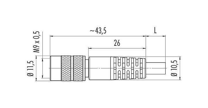 Scale drawing 79 1406 12 03 - M9 Female cable connector, Contacts: 3, shielded, moulded on the cable, IP67, PUR, black, 5 x 0.25 mm², 2 m