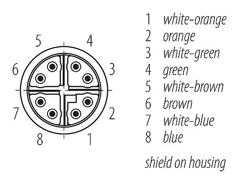 Disposition des contacts (Côté plug-in) M12 Câble de raccordement 2 connecteurs mâle, Contacts: 8, blindé, surmoulé sur le câble, IP67, UL, PUR, vert, AWG 26/7, 5 m