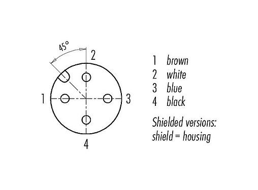 Contact arrangement (Plug-in side) 77 3530 0000 50704-0200 - M12 Female cable connector, Contacts: 4, shielded, moulded on the cable, IP67, UL, PUR, black, 4 x 0.34 mm², 2 m