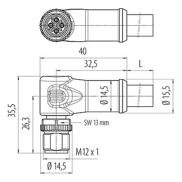 Dibujo a escala M12 Conector macho en ángulo, Número de contactos: 3+PE, sin blindaje, moldeado en el cable, IP68, UL, PUR, negro, 4 x 1,50 mm², 2 m