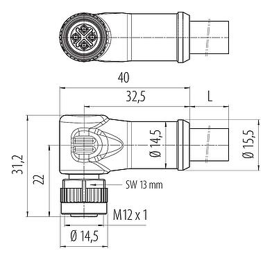 Dibujo a escala M12 Conector hembra en ángulo, Número de contactos: 3+PE, sin blindaje, moldeado en el cable, IP68, UL, PUR, negro, 4 x 1,50 mm², 5 m