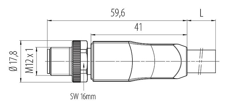 Dibujo a escala M12 Conector de cable macho, Número de contactos: 4+PE, sin blindaje, moldeado en el cable, IP68, UL 2238, PUR, negro, 5 x 2,50 mm², 2 m