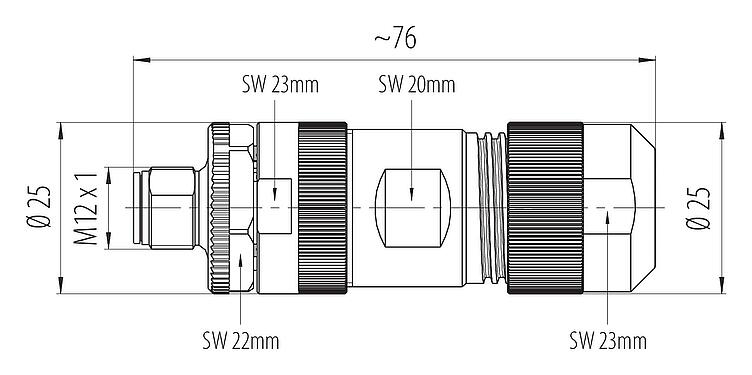 Dibujo a escala M12 Conector de cable macho, Número de contactos: 4+PE, 8,0-13,0 mm, sin blindaje, tornillo extraíble, IP67, UL 2237 en preparación, con conexión de PE