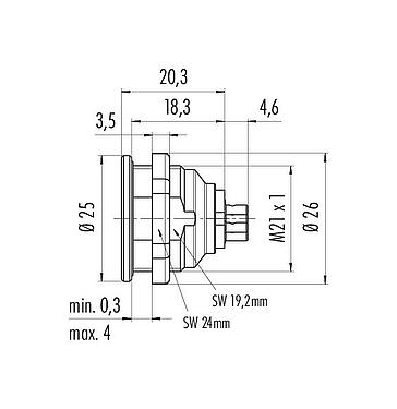 Dessin coté Push Pull Embase mâle, Contacts: 3, blindable, souder, IP67, M21x1,0, Montage frontal