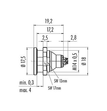 Dessin coté Push Pull Embase mâle, Contacts: 4, non blindé, souder, IP40, M14x0,5, Montage frontal