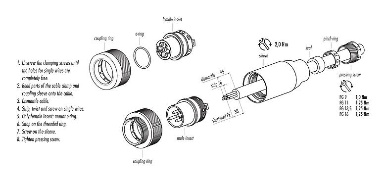 Instrucción de montaje RD30 Conector de cable hembra, Número de contactos: 24, 14,0-18,0 mm, sin blindaje, soldadura, IP65