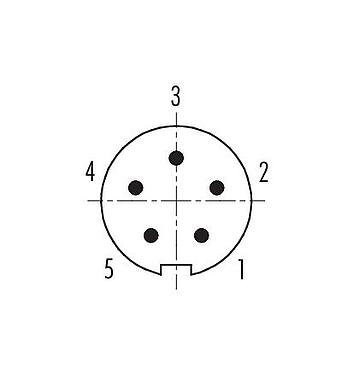 Disposition des contacts (Côté plug-in) 09 0415 35 05 - M9 Embase mâle, Contacts: 5, blindable, THT, IP67, vissé à l'avant