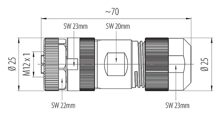 Dibujo a escala M12 Conector de cable hembra, Número de contactos: 4+PE, 8,0-13,0 mm, sin blindaje, tornillo extraíble, IP67, UL 2237 en preparación, con conexión de PE