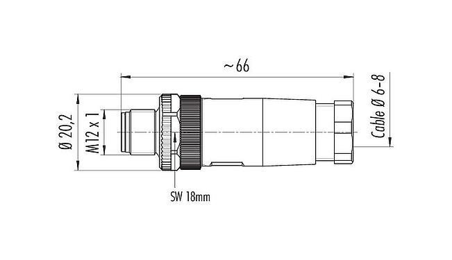 Dibujo a escala M12 Conector de cable macho, Número de contactos: 3+PE, 6,0-8,0 mm, sin blindaje, tornillo extraíble, IP67, UL 2238, VDE