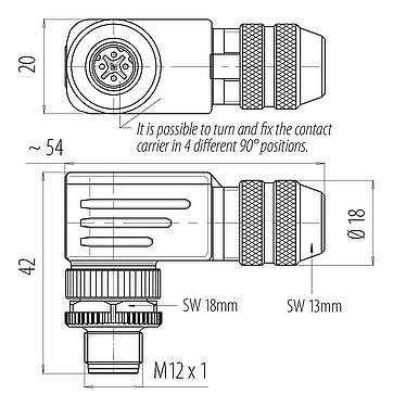 Dessin coté M12 Connecteur mâle coudé, Contacts: 4, 6,0-8,0 mm, blindable, pince à visser, IP67, UL 2238, avec anneau de protection