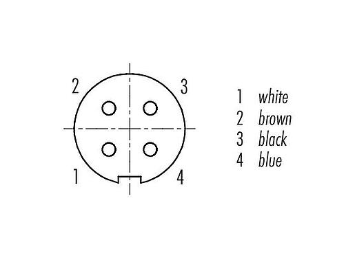 Contact arrangement (Plug-in side) 79 1410 72 04 - M9 Female angled connector, Contacts: 4, shielded, moulded on the cable, IP67, PUR, black, 5 x 0.25 mm², 2 m