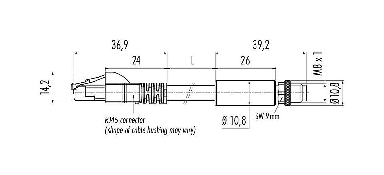 Dessin coté M8 Câble de raccordement connecteur mâle - connecteur RJ45, Contacts: 4, blindé, moulé/sertissage, IP67, UL, Profinet/Ethernet CAT5e, PUR, vert, 4 x AWG 22, 0,6 m