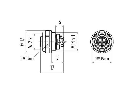Dessin coté M12 Embase femelle, Contacts: 8, blindable, SMT, IP68, M14x1,0, Montage mural arrière