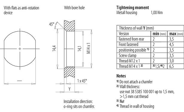 Instructions de montage / Découpe du panneau M12 Embase femelle, Contacts: 8, blindable, SMT, IP68, M14x1,0, Montage mural arrière