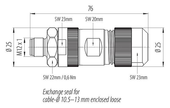 Dibujo a escala 99 0639 39 05 - M12 Conector de cable macho, Número de contactos: 4+FE, 8,0-13,0 mm, sin blindaje, tornillo extraíble, IP67, M12x1,0, Acero inoxidable