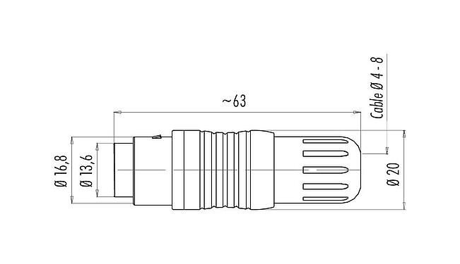 Dessin coté Push Pull Connecteur femelle, Contacts: 4, 4,0-8,0 mm, blindable, souder, IP67