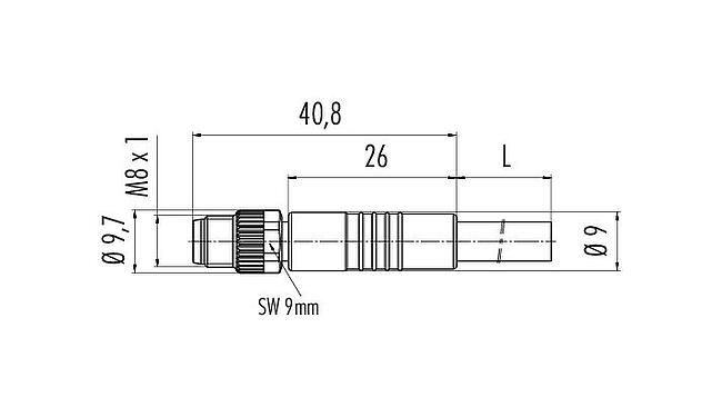 Scale drawing 77 3405 0000 50005-0200 - M8 Male cable connector, Contacts: 5, unshielded, moulded on the cable, IP67, UL, PUR, black, 5 x 0.34 mm², 2 m