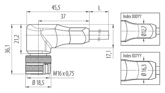 Dibujo a escala M16 Conector hembra en ángulo, Número de contactos: 6, sin blindaje, moldeado en el cable, IP67, PUR, negro, 6 x 0,25 mm², 5 m
