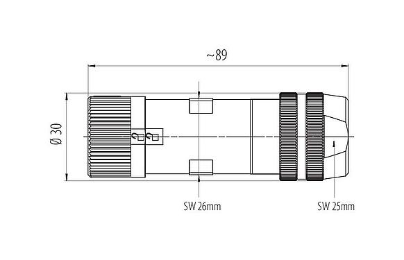 Dibujo a escala Bayoneta Conector de cable hembra, Número de contactos: 6 (3+PE+2), 7,0-14,0 mm, blindable, tornillo extraíble, IP67 enchufado y bloqueado, UL 2237