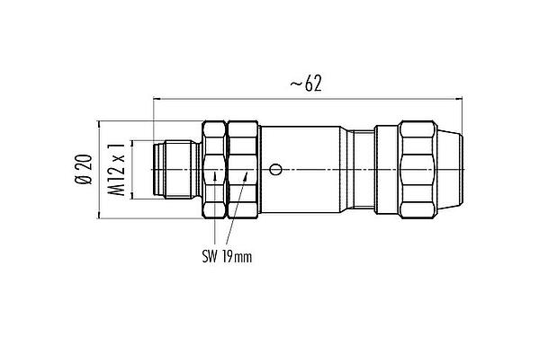 Dessin coté M12 Connecteur mâle, Contacts: 4, 5,5-8,6 mm, blindable, pince à visser, IP69K, UL 2238, Acier inoxydable, avec anneau de protection