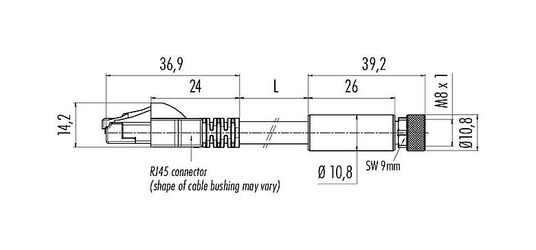 Dessin coté M8 Câble de raccordement connecteur femelle - connecteur RJ45, Contacts: 4, blindé, moulé/sertissage, IP67, UL, Ethernet CAT5e, TPE, bleu/vert, 2 x 2 x AWG 24, 10 m
