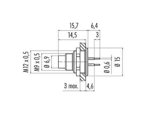 Scale drawing 09 0423 90 07 - M9 Male panel mount connector, Contacts: 7, unshielded, THT, IP67, front fastened