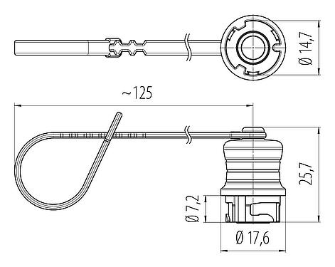 Dibujo a escala Tapa protectora, IP67 enchufado y bloqueado, con correa de sujeción