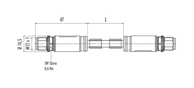 Dessin coté M12 Câble de raccordement 2 connecteurs mâle, Contacts: 8, blindé, surmoulé sur le câble, IP67, UL, PUR, vert, AWG 26/7, 5 m