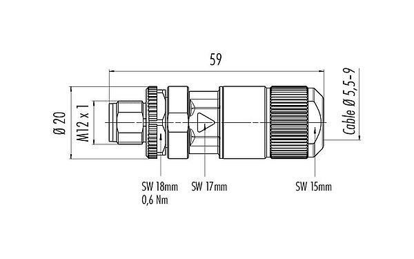Dessin coté M12 Connecteur mâle, Contacts: 8, 5,5-9,0 mm, blindable, IDC, IP67