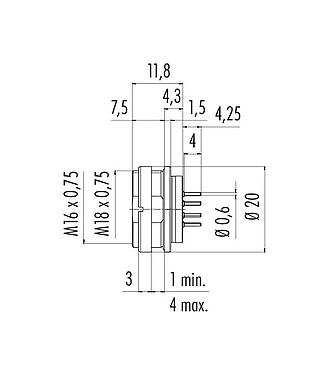 Scale drawing 09 0508 90 16 - M16 Female panel mount connector, Contacts: 16, unshielded, THT, IP67, UL, front fastened