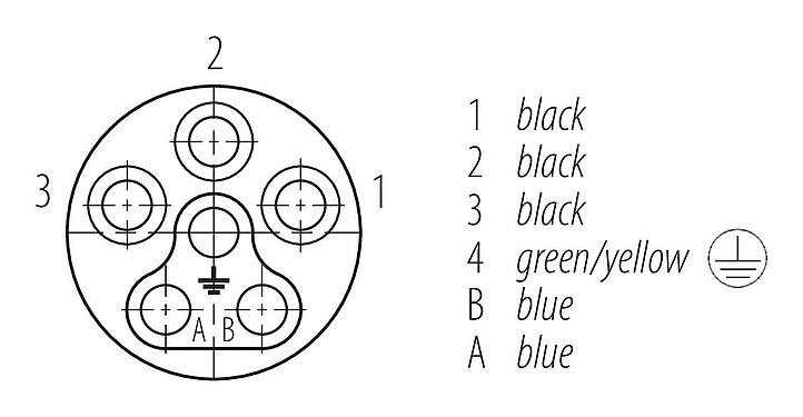 Contact arrangement (Plug-in side) 09 6112 250 06 - Bayonet Female panel mount connector, Contacts: 6 (3+PE+2), not shielded, single wires, IP66/IP67, M20x1.5