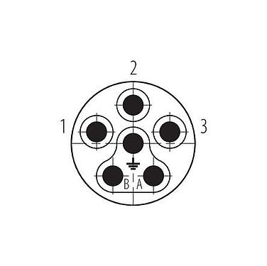 Disposición de los contactos (lado de la conexión) Bayoneta Conector de cable macho, Número de contactos: 6 (3+PE+2), 7,0-14,0 mm, sin blindaje, tornillo extraíble, IP67 enchufado y bloqueado, UL 2237