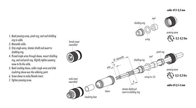 Assembly instructions 99 3361 00 03 - M8 Male cable connector, Contacts: 3, 3.5-5.0 mm, shieldable, solder, IP67, UL