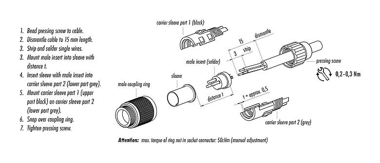 Instructions de montage M9 Connecteur mâle, Contacts: 3, 4,0-5,0 mm, non blindé, souder, IP40