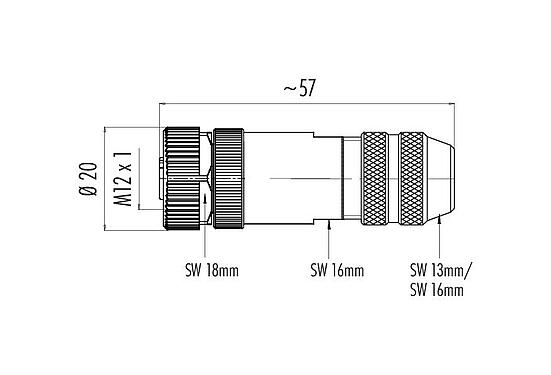 Scale drawing 99 1430 812 04 - M12 Female cable connector, Contacts: 4, 6.0-8.0 mm, shieldable, screw clamp, IP67, UL