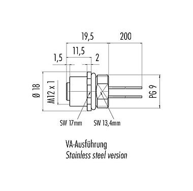 Scale drawing 76 2134 0111 00104-0200 - M12 Female panel mount connector, Contacts: 4, unshielded, single wires, IP68, UL, PG 9, stainless steel