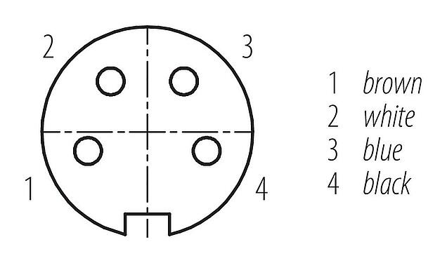 Disposición de los contactos (lado de la conexión) M16 Conector hembra en ángulo, Número de contactos: 4, sin blindaje, moldeado en el cable, IP67, PUR, negro, 4 x 0,34 mm², 2 m