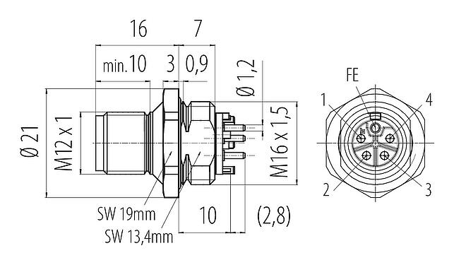 Dibujo a escala M12 Enchufe de brida, Número de contactos: 4+FE, sin blindaje, THR, IP67, UL 2238, M16x1,5, Montaje frontal